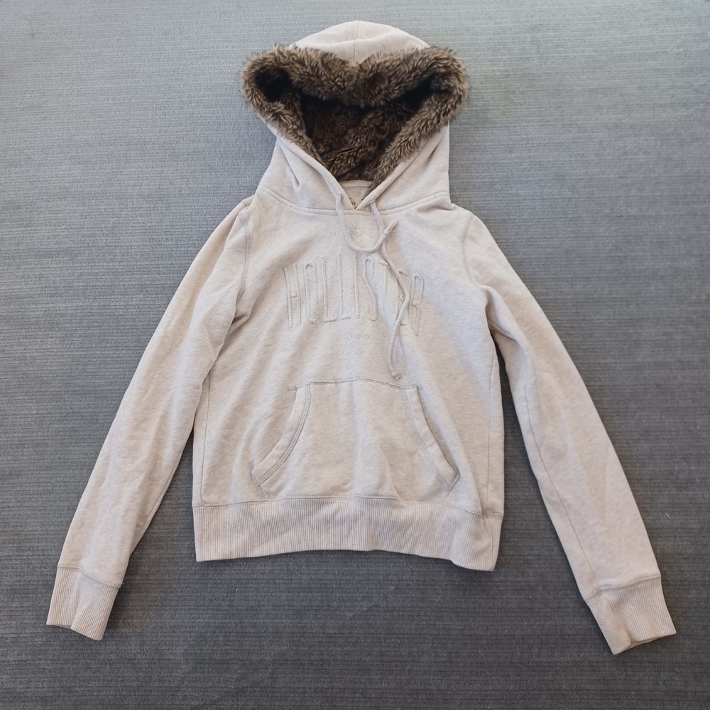 Hollister Hoodie Womens Medium Beige Faux Fur Lined Hood Heavyweight Stretch